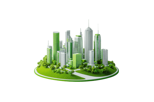 A vibrant, modern cityscape featuring green buildings and lush greenery, symbolizing sustainability and urban development. png