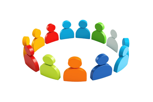 Colorful figurines arranged in a circular formation, representing a diverse group of people or community interaction. png