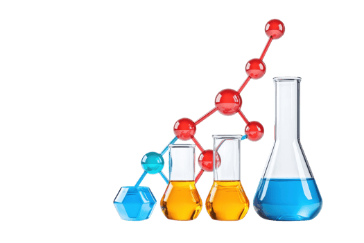 Various laboratory glassware filled with colorful liquids, illustrating chemical analysis and molecular structure. png