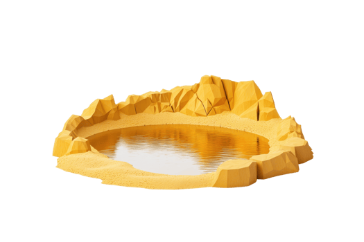 A vibrant, yellow rock formation encircles a reflective body of water, creating a striking natural scene. png