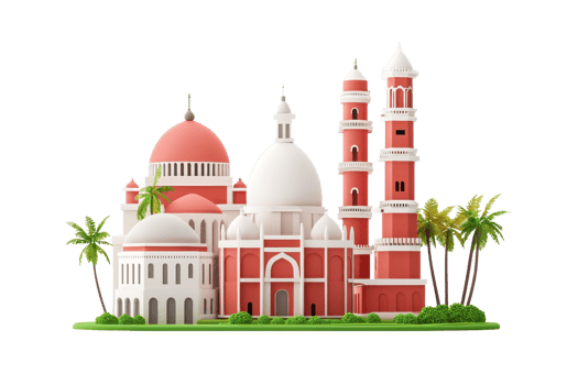 A colorful architectural structure with domes, towers, and palm trees, showcasing a blend of traditional and contemporary design elements. png