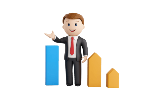 A 3D character in a suit presenting a bar chart with three colorful bars, indicating growth and success in a business context. png