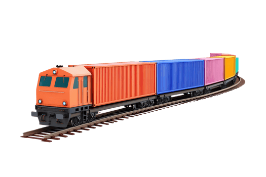 A colorful freight train with multiple containers is shown on curved tracks, showcasing its cargo capacity and vibrant design. png