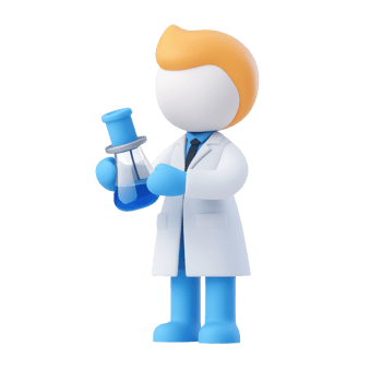 A cartoonish scientist holding a blue flask, wearing a white lab coat and blue pants with orange hair. png