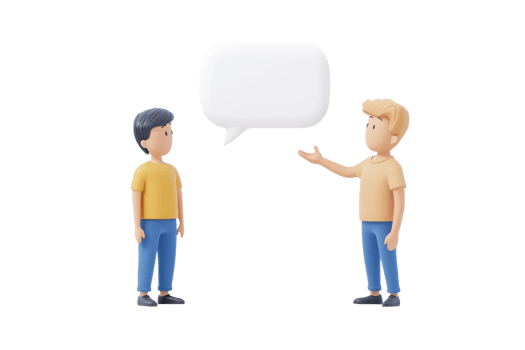 Two animated characters engaged in conversation, with one gesturing and a speech bubble above them. png