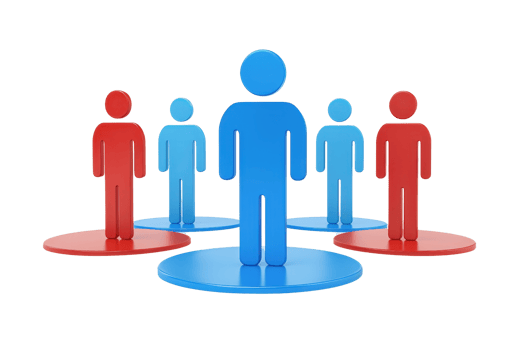 The image features stylized human figures in blue and red, arranged with one blue figure prominently in the center, symbolizing unity or leadership. png
