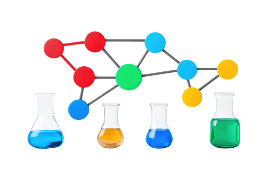 Colorful laboratory flasks filled with liquids in various shades, connected by a network of colored nodes representing molecular structures. png