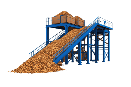 A blue industrial ramp leading to a pile of wood chips, showcasing an efficient material handling system. png