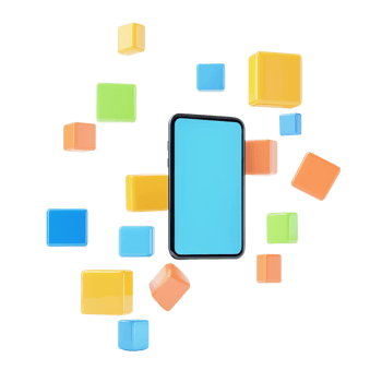 A smartphone surrounded by colorful geometric blocks in various shapes and sizes. png