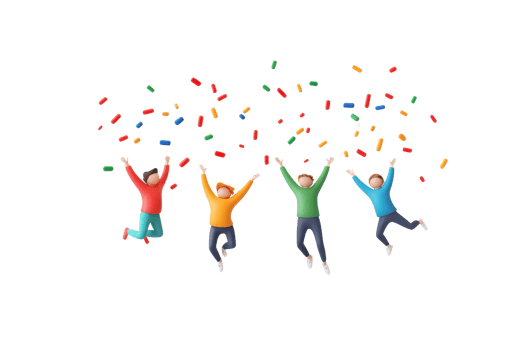 Four children joyfully jumping in the air, celebrating with colorful confetti falling around them. png