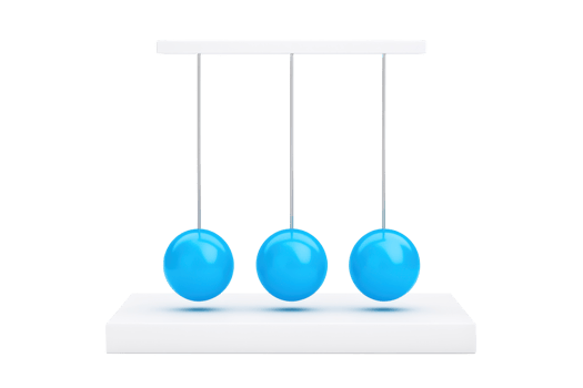 A set of three blue spheres suspended from a horizontal beam, demonstrating the principles of physics and motion. png