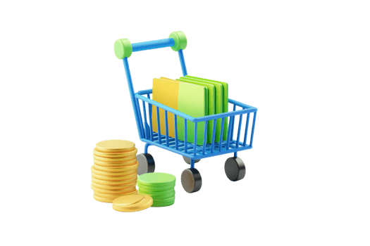 A colorful toy shopping cart filled with green and yellow blocks alongside a stack of yellow coins. png