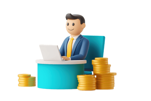 A businessman sits at a desk with a laptop, surrounded by stacks of coins, suggesting financial success and productivity. png