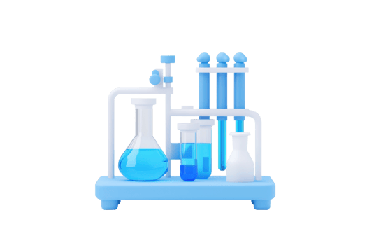 A collection of laboratory glassware filled with blue liquids, including flasks and test tubes, arranged on a stand. png