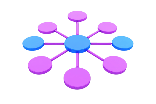A central circle connected by lines to surrounding circles in vibrant colors, representing a network or flow of information. png