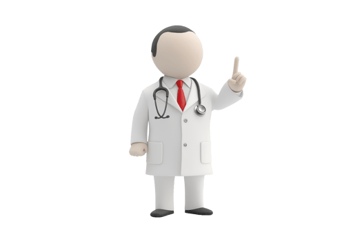 A doctor in a white coat raises a finger, suggesting importance, with a stethoscope draped around the neck. png