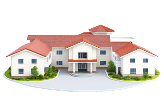 A modern residential building featuring multiple levels, a central entrance, and a combination of white walls and red roofs. png