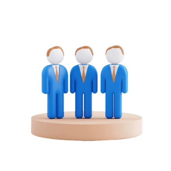 Three stylized human figures in blue suits stand on a round base, representing teamwork and collaboration. png
