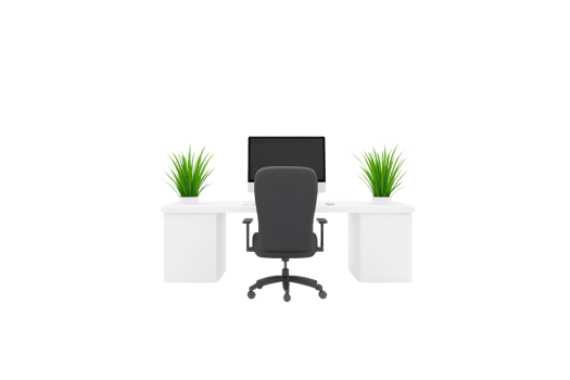 A modern office setup featuring a desk, chair, computer monitor, and decorative plants. png