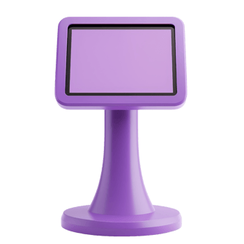 A sleek, purple digital kiosk featuring a square screen, designed for interactive use in various environments. png