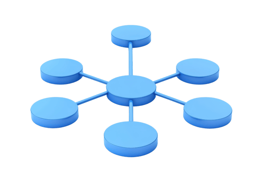A blue, circular network diagram featuring a central node connected to six surrounding nodes by straight lines. png