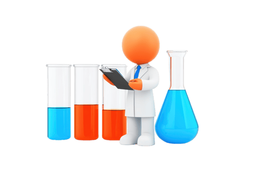 A cartoon scientist holds a clipboard next to colorful laboratory glassware filled with liquids in various shades. png