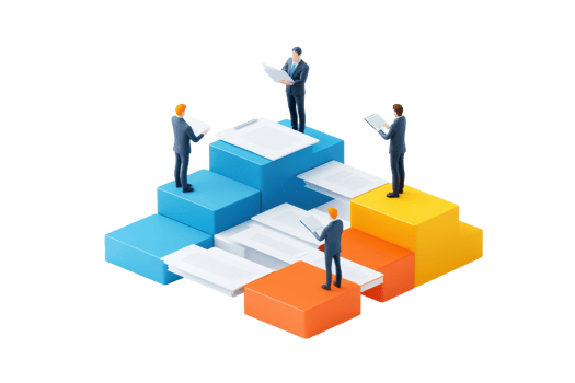 A group of four business professionals standing on colorful steps, each holding documents while engaged in discussion. png