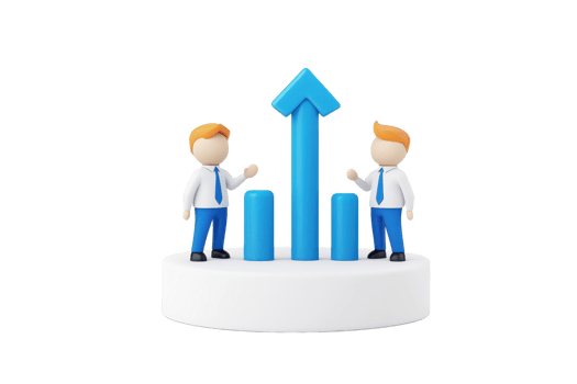 Two stylized figures in business attire stand beside a rising bar chart with an upward arrow, symbolizing growth and success. png