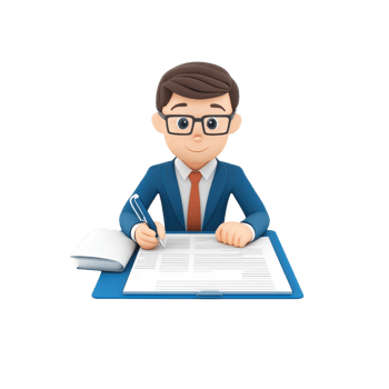 A professional-looking character in a suit writes on a document, showcasing diligence and focus. png
