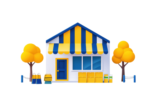 A colorful, cartoon-style shop featuring a blue door, yellow awning, and surrounding trees with vibrant foliage. png