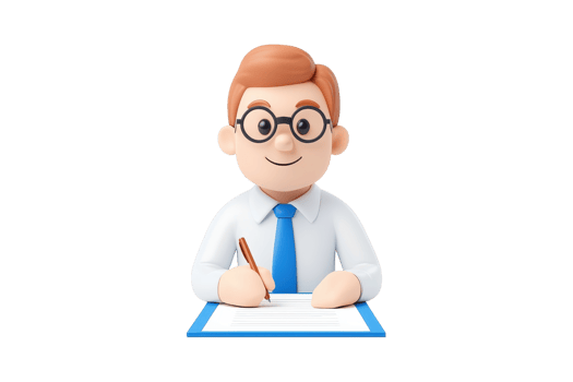 A cheerful cartoon character wearing glasses and a tie, seated at a desk, holding a pencil while writing on a piece of paper. png