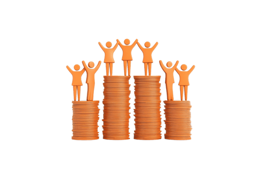 Stacked coins with orange figures celebrating success, representing growth and achievement in finance or business. png