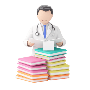 A doctor stands with a stack of colorful books, symbolizing knowledge and education in the medical field. png