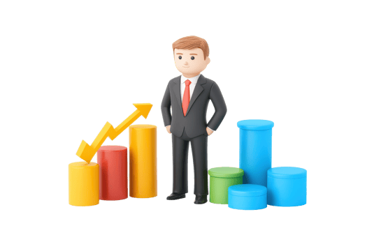 A professional character stands next to colorful bar charts, indicating growth and progress in a business context. png