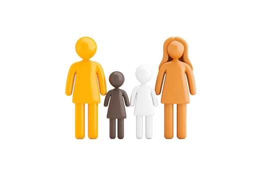Four stylized figures representing a diverse family, each with distinct colors and sizes, showcasing unity and inclusiveness. png