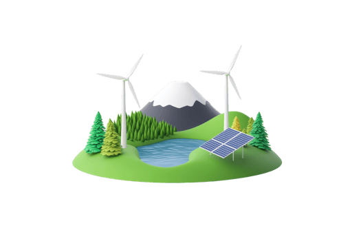 A vibrant landscape featuring wind turbines, a solar panel, a mountain, a serene lake, and lush greenery, symbolizing sustainable energy and nature. png