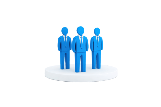 Three blue figurines in business suits standing on a circular platform. png