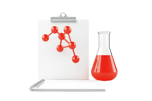 A laboratory setup featuring a beaker with red liquid, a clipboard displaying a molecular structure, and a notepad. png