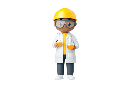 A cartoon-style character wearing a yellow hard hat, glasses, and a white lab coat, holding orange objects, representing a professional in a safety context. png