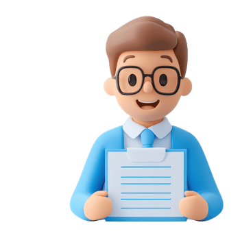 A cheerful character in formal attire holding a clipboard with documents, wearing glasses and a friendly smile. png