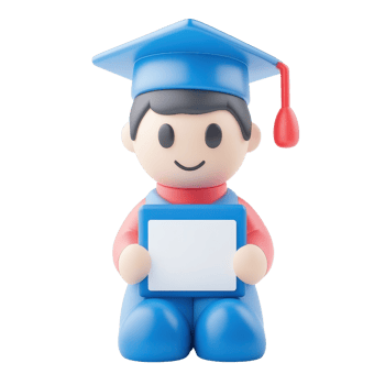 A cheerful graduate figurine wearing a blue cap and gown, holding a blank diploma frame. png