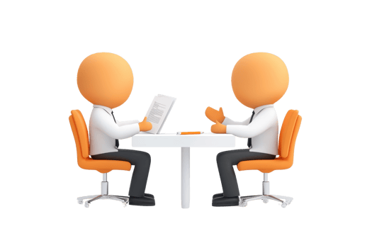 Two cartoon figures engage in a discussion across a table, each holding documents, seated in orange chairs. png