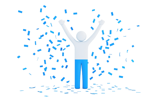 A joyful figure raises arms in celebration amidst a flurry of blue confetti. png