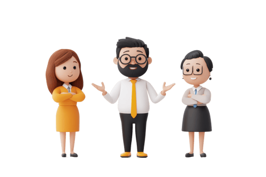 Three cartoon-style characters in professional attire, engaging in conversation, with one male presenting while two females listen. png