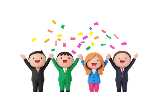 Four cheerful, cartoon-style characters celebrate joyfully while holding hands, surrounded by colorful confetti. png