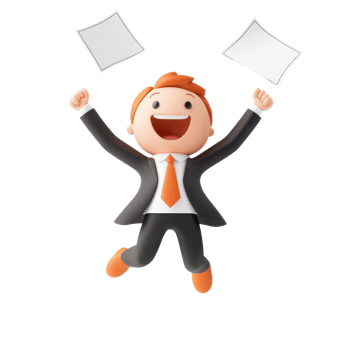 A joyful cartoon character in a suit celebrates while holding two papers, expressing excitement and achievement. png