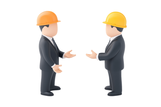 Two cartoon-style construction workers in suits and hard hats engaged in conversation. png