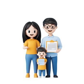 A cheerful family of three, with a mother, father, and child, all smiling and holding papers. png