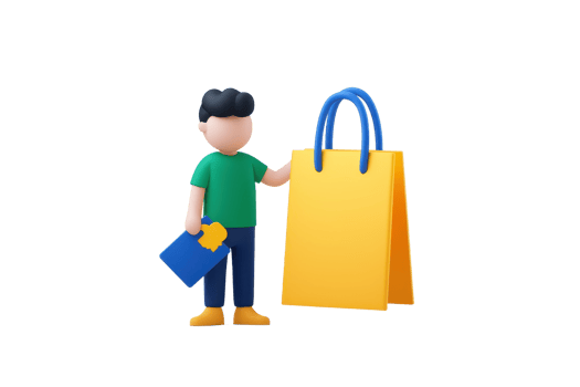 A stylized character holding a shopping bag and a smaller item, symbolizing shopping and consumerism. png