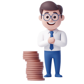 A cartoonish character in business attire stands with a stack of coins, smiling and clasping hands. png